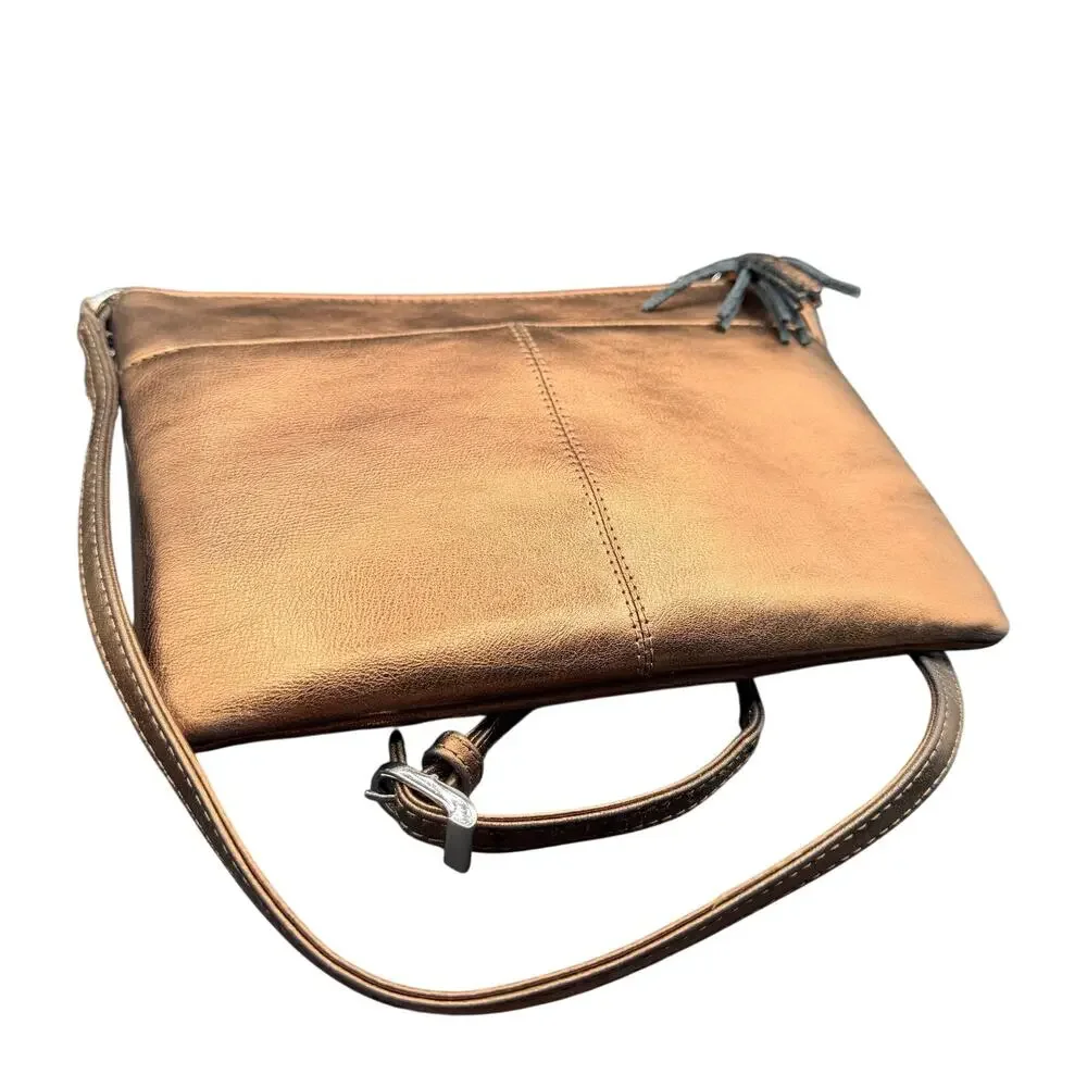ILI New York Bronze Metallic Leather Crossbody Bag Tassel Organizer